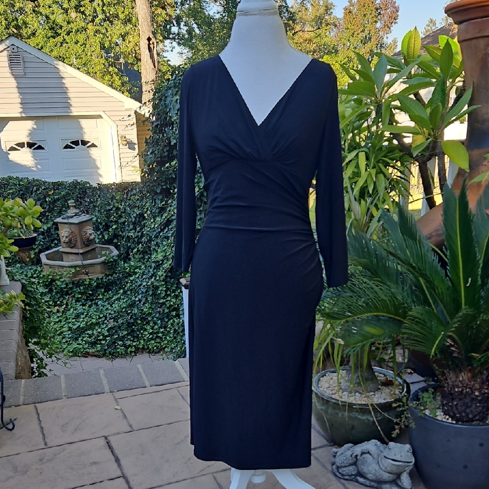 CHAPS Black Midi Dress W/gathered Bodice